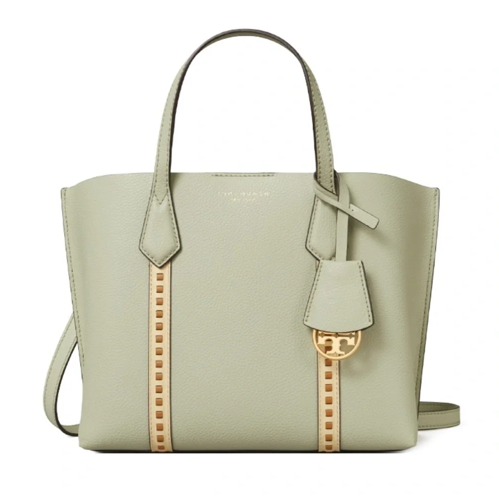 Tory Burch Perry Small Pick-Stitch Triple Compartment Tote Bag Pine Frost $428